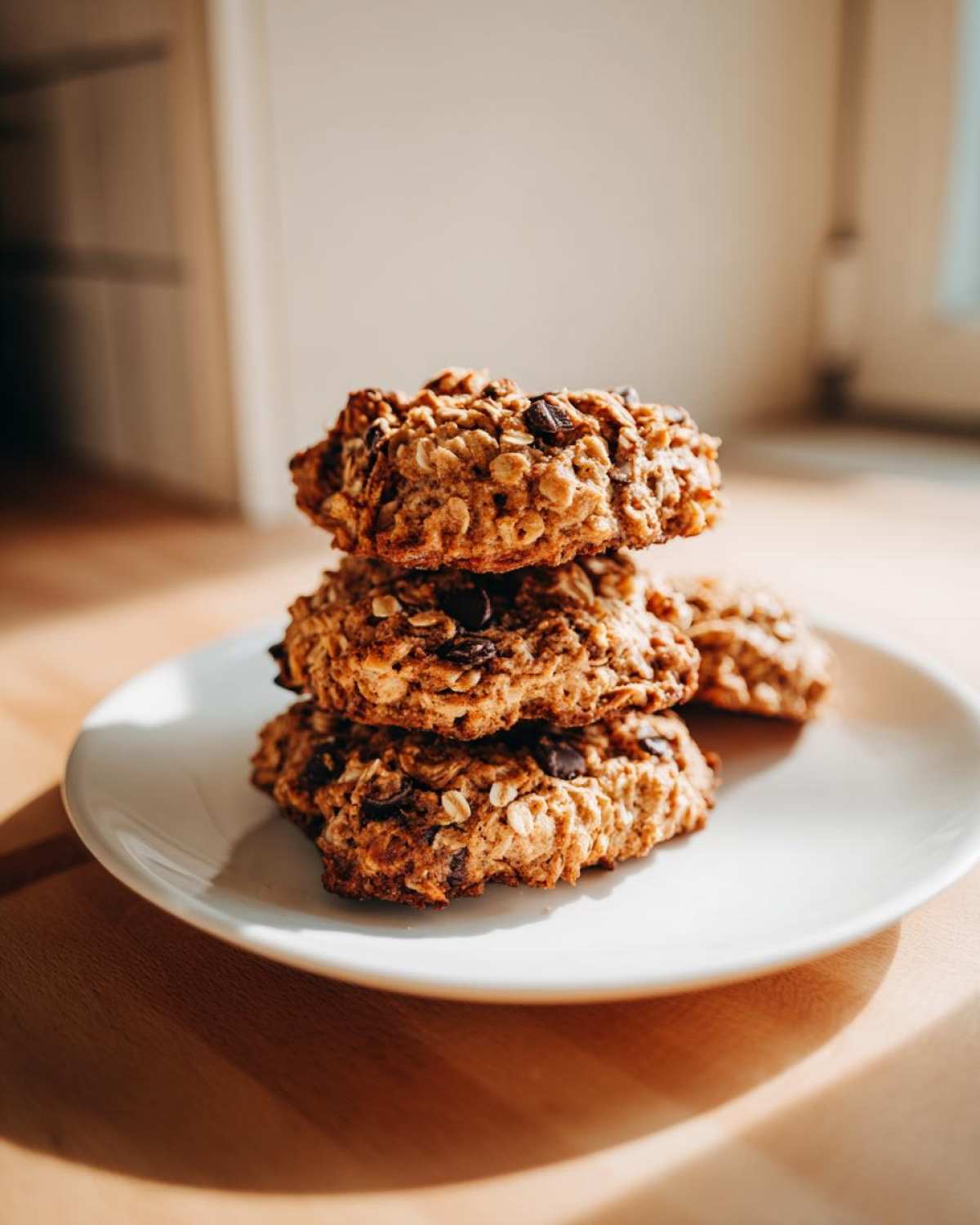 Three freshly baked oatmeal cookies stacked on a white plate, featuring visible oats and chocolate chips.
