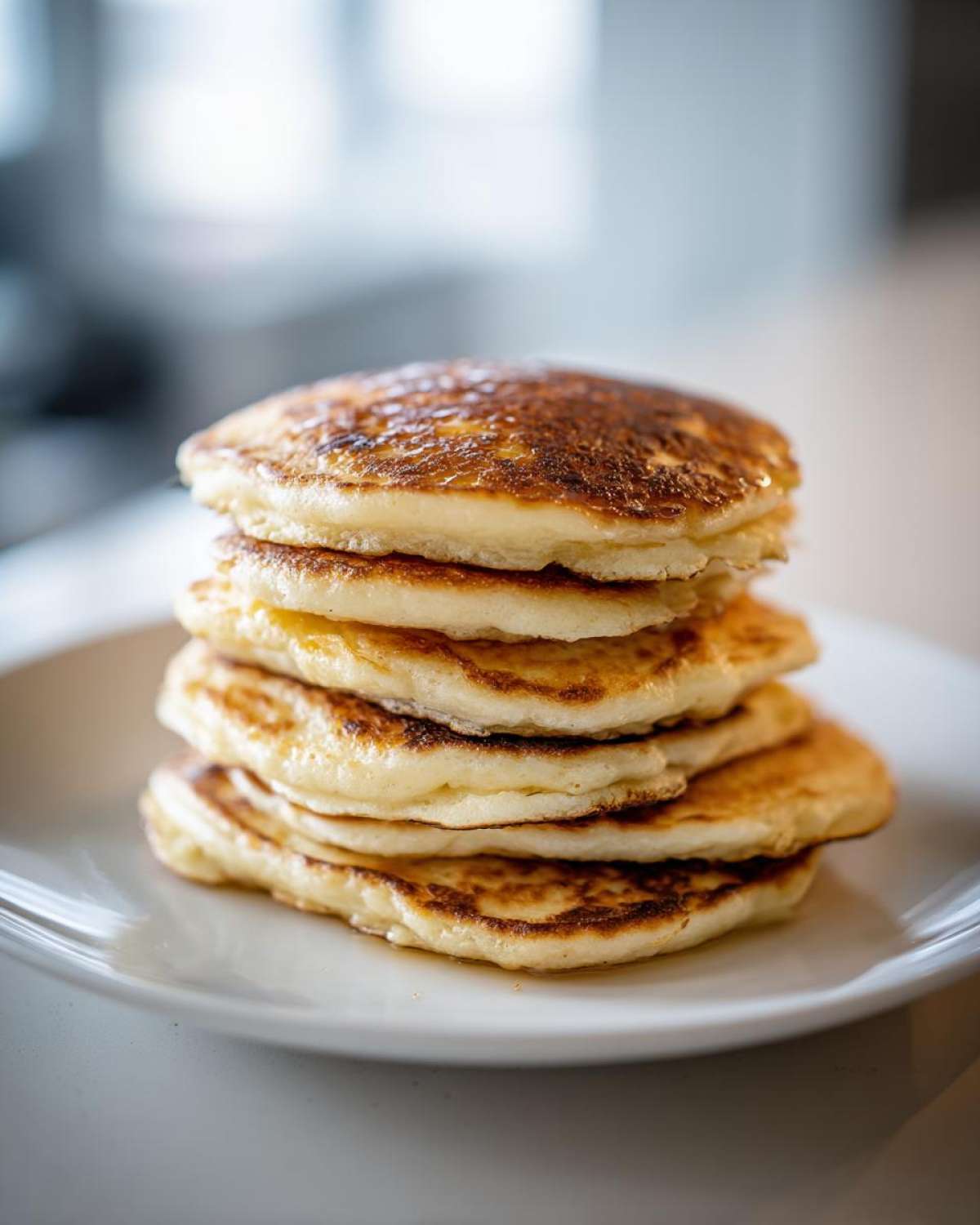 A tall stack of five golden brown, fluffy pancakes served on a white plate.