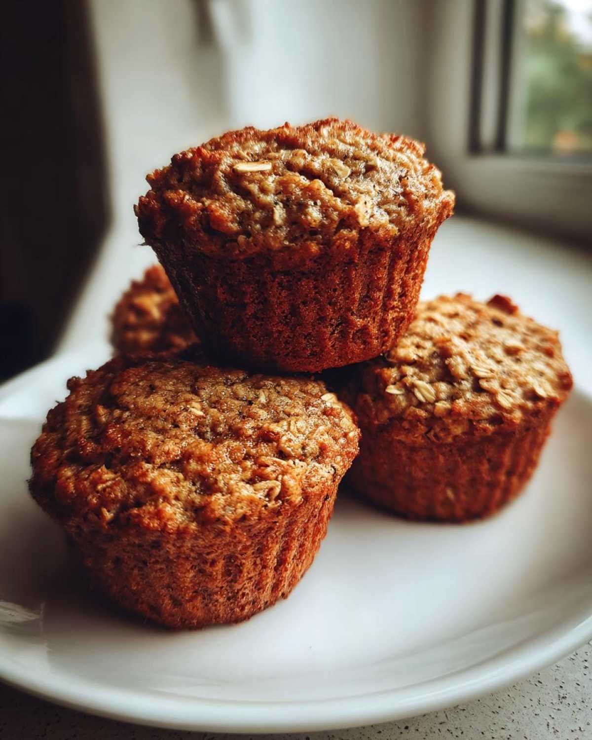 A close-up of three freshly baked oatmeal muffins stacked on a white plate near a window.