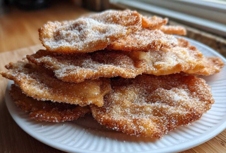 A tempting stack of freshly fried buñuelos generously coated in granulated sugar, resting on a white plate.