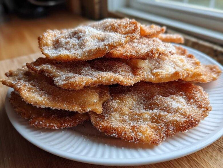 A tempting stack of freshly fried buñuelos generously coated in granulated sugar, resting on a white plate.