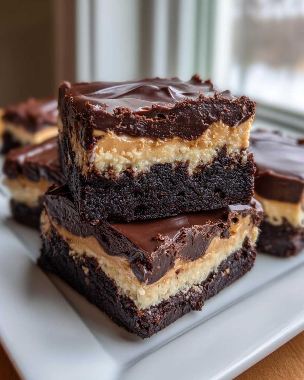 Two stacked squares of rich buckeye brownies showing the dark chocolate base, peanut butter layer, and chocolate ganache topping.