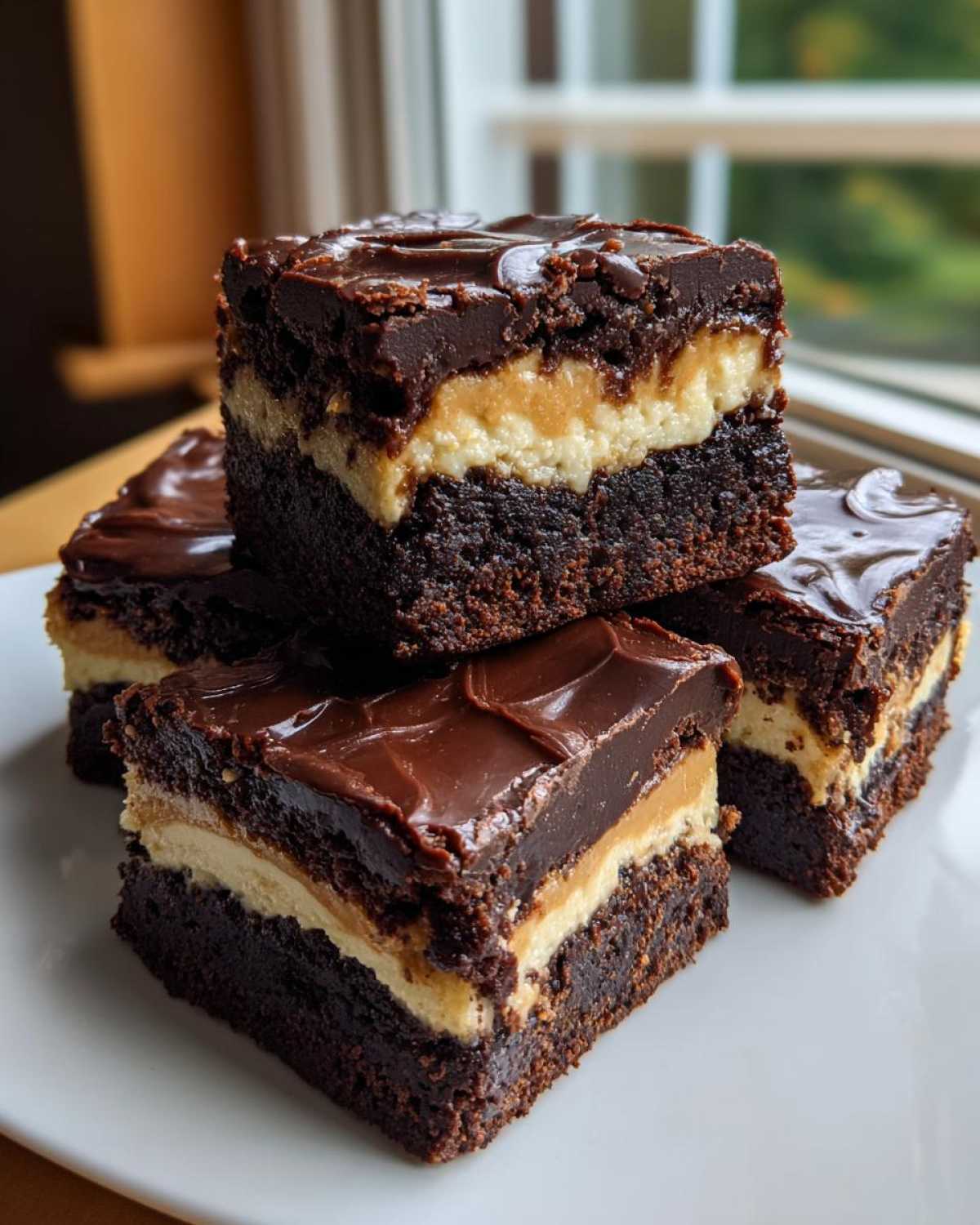 Four stacked squares of rich buckeye brownies showing the distinct chocolate, peanut butter, and fudge layers.
