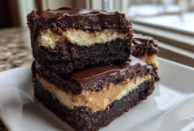 Two stacked squares of rich, three-layer buckeye brownies featuring a chocolate base, peanut butter filling, and chocolate ganache topping.