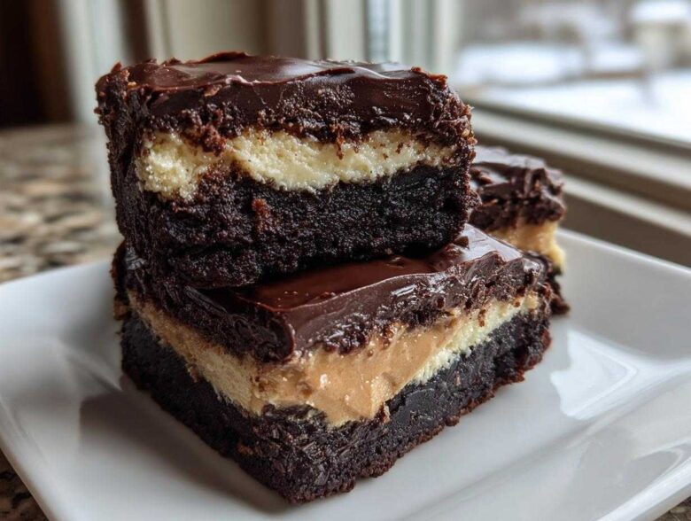 Two stacked squares of rich, three-layer buckeye brownies featuring a chocolate base, peanut butter filling, and chocolate ganache topping.