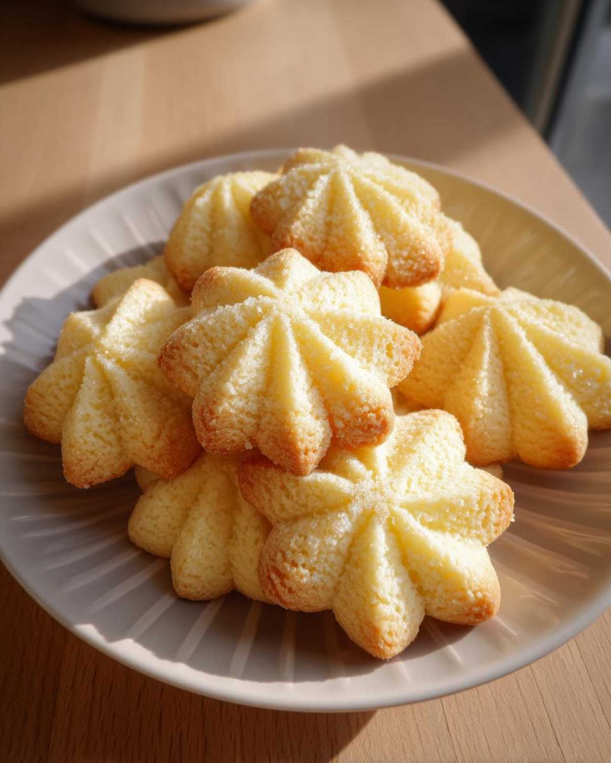 A stack of freshly baked, star-shaped butter cookie treats dusted with sugar, catching the sunlight.
