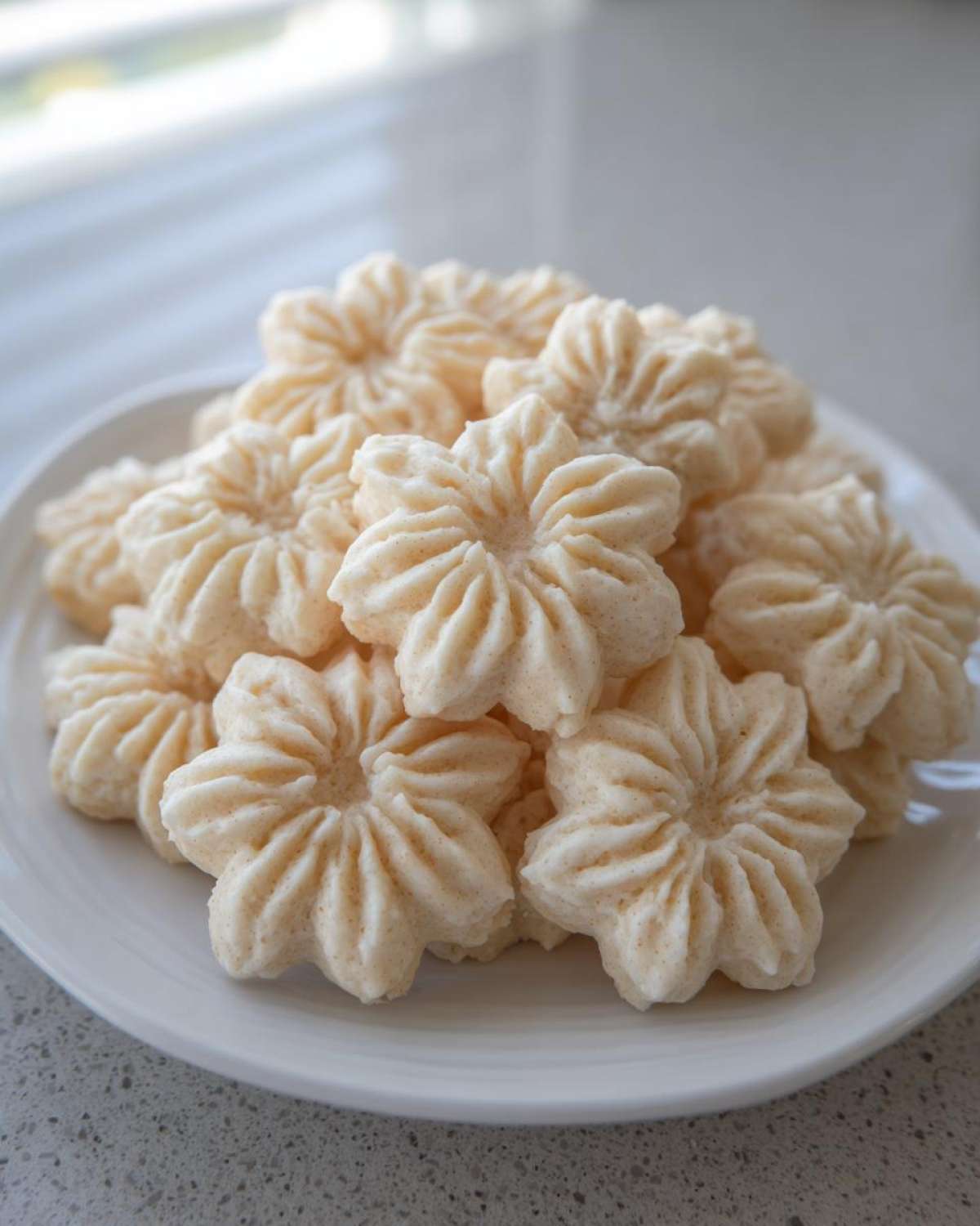 A mound of freshly baked, star-shaped whipped shortbread cookies piled high on a white plate.