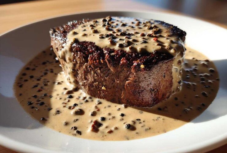 A thick, seared steak generously covered in creamy peppercorn sauce and whole peppercorns.