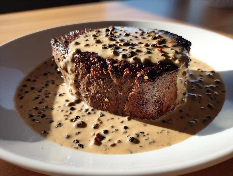 A thick, seared steak generously covered in creamy peppercorn sauce and whole peppercorns.