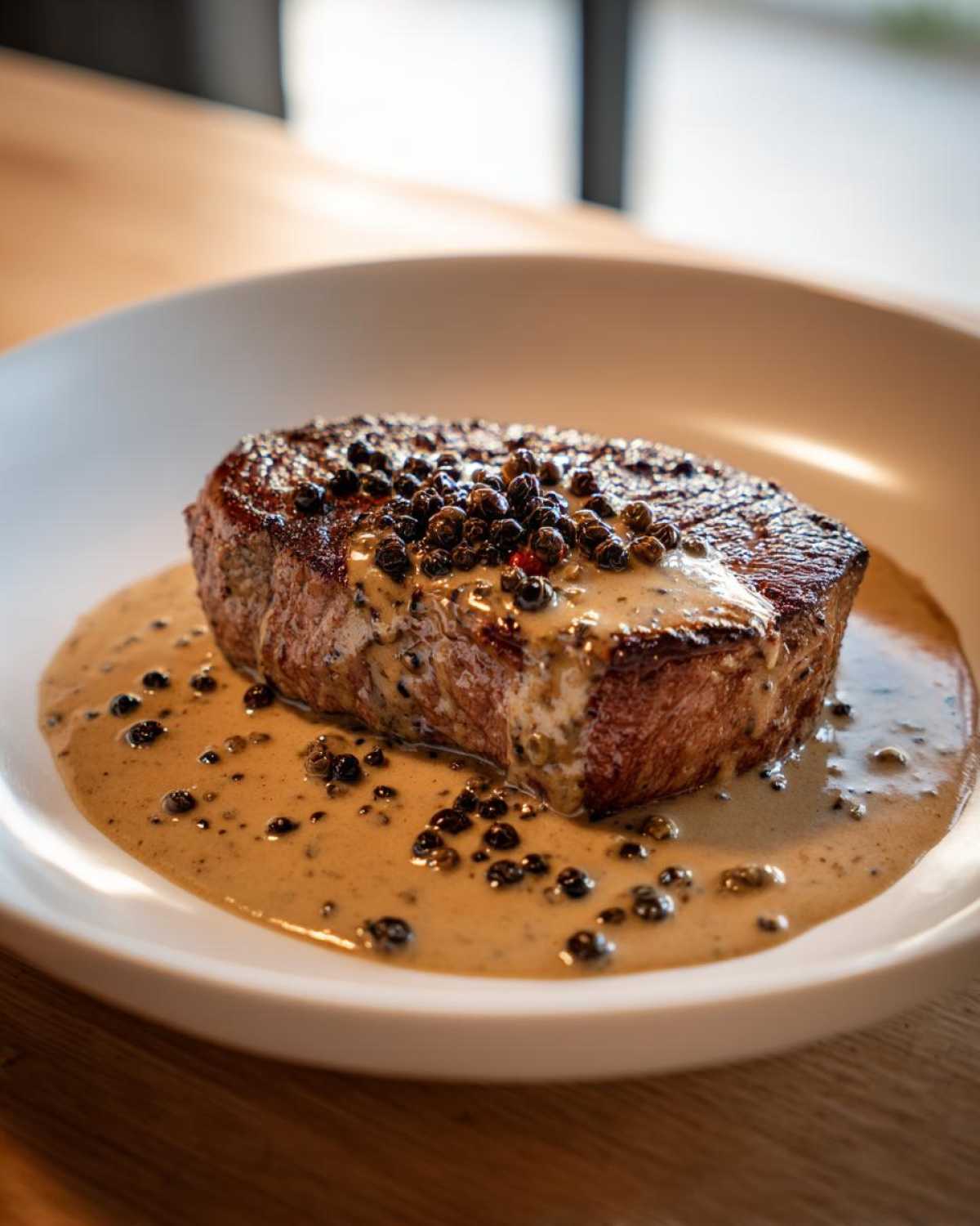 Close-up of a perfectly cooked steak generously topped with whole peppercorns and rich peppercorn sauce.