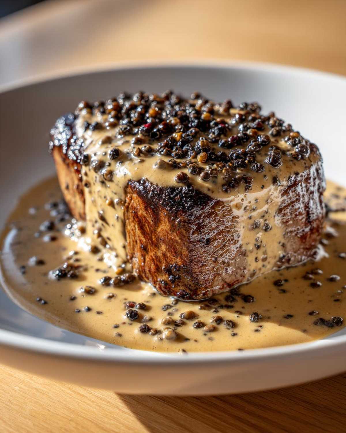 A thick, seared steak generously topped with creamy peppercorn sauce and whole black peppercorns.