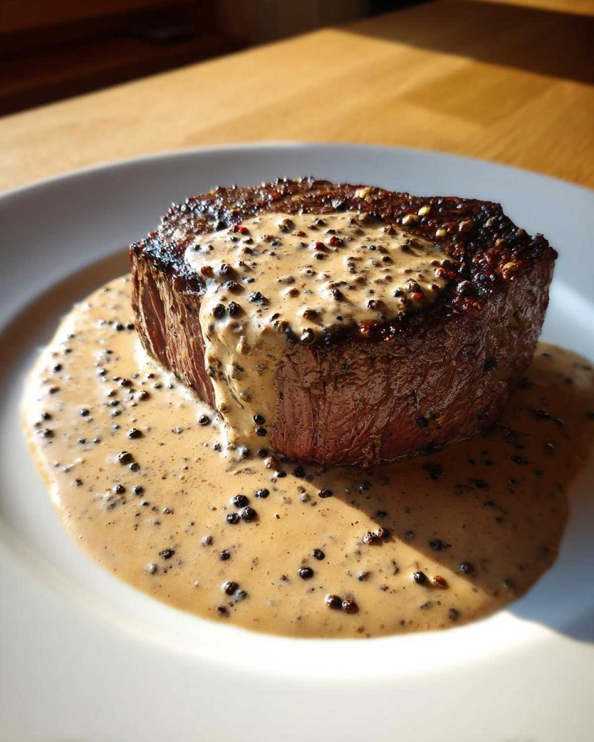 A perfectly cooked steak generously topped with creamy, rich peppercorn sauce.