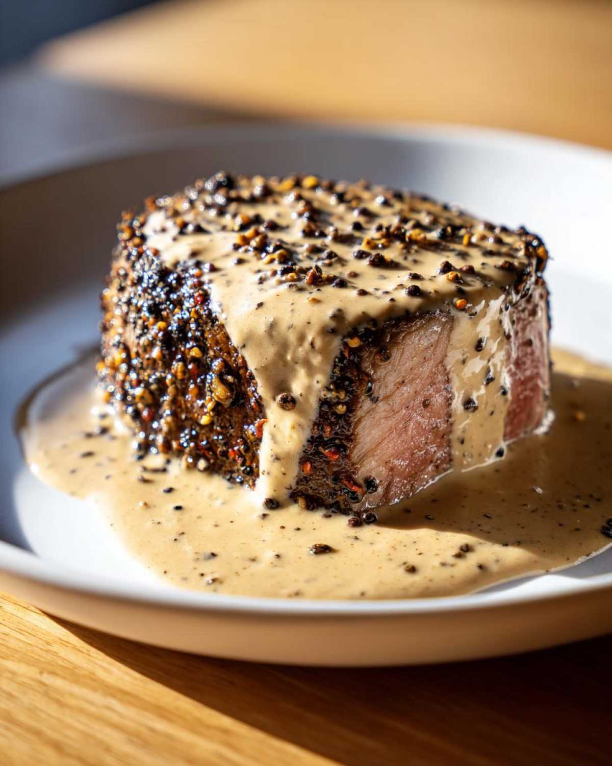A perfectly cooked steak crusted in peppercorns, generously topped with creamy peppercorn sauce.