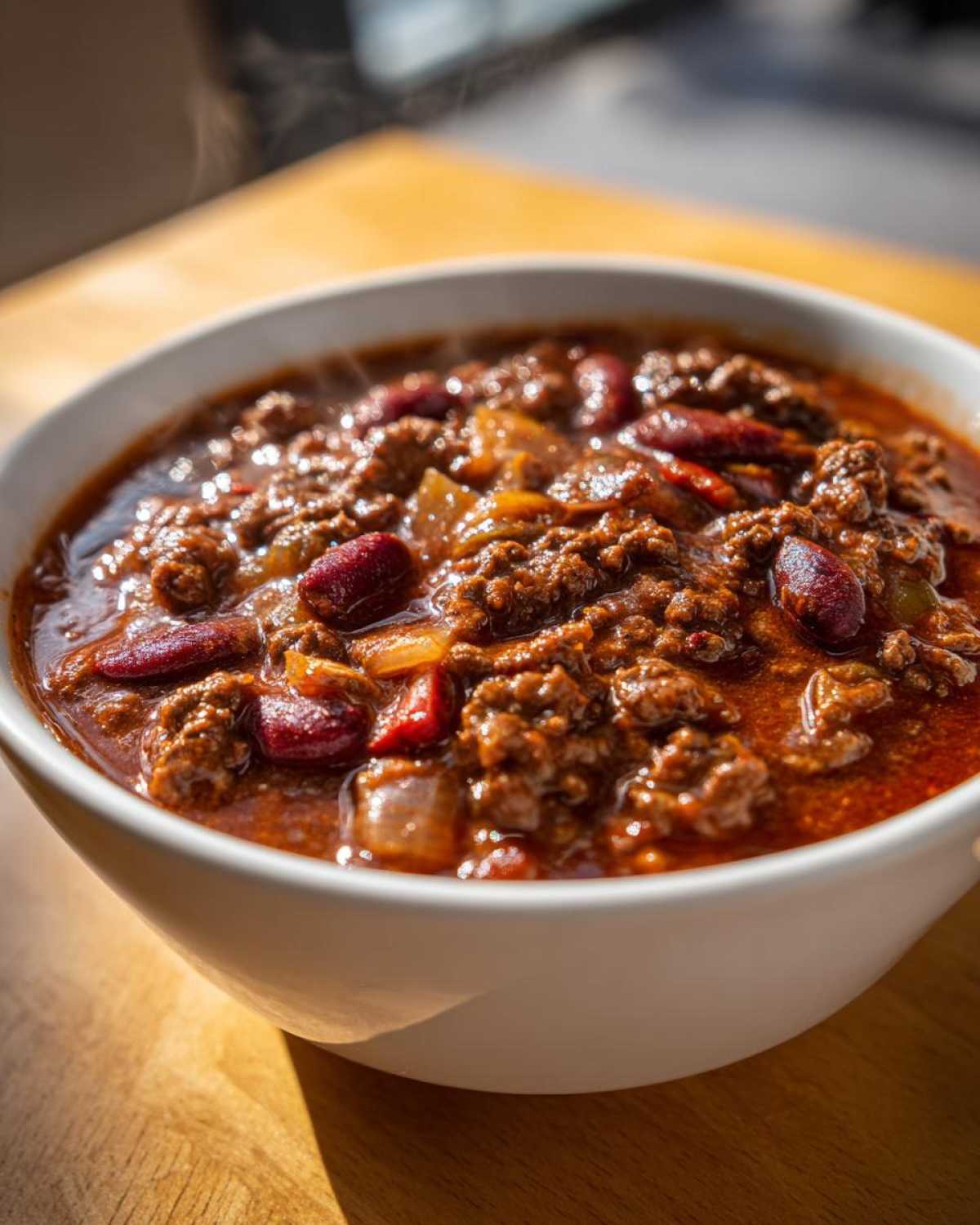 Close-up of a steaming white bowl filled with hearty chili featuring ground beef and kidney beans.