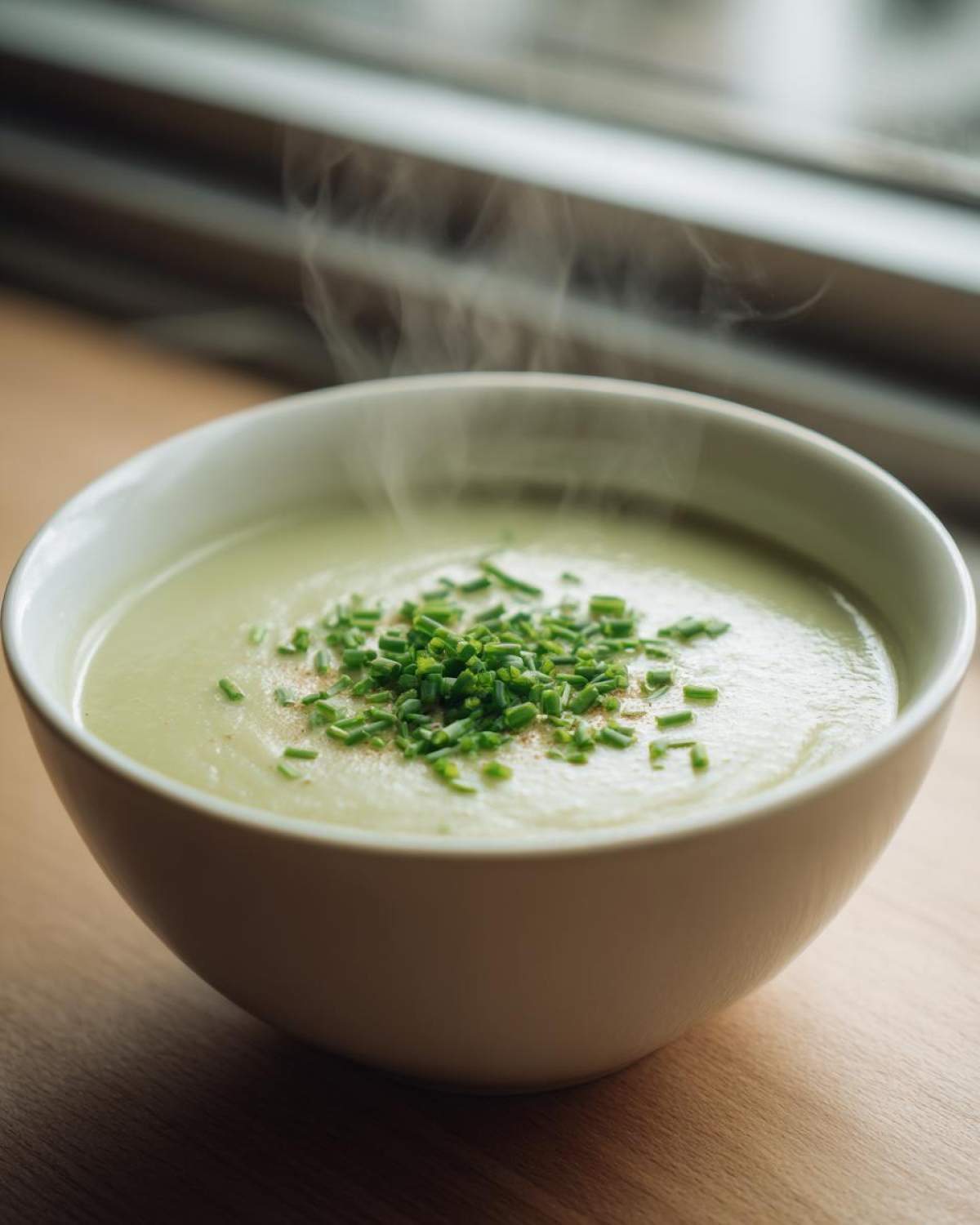 A close-up of a steaming white bowl filled with creamy, pale green leek soup, topped with fresh chopped chives.