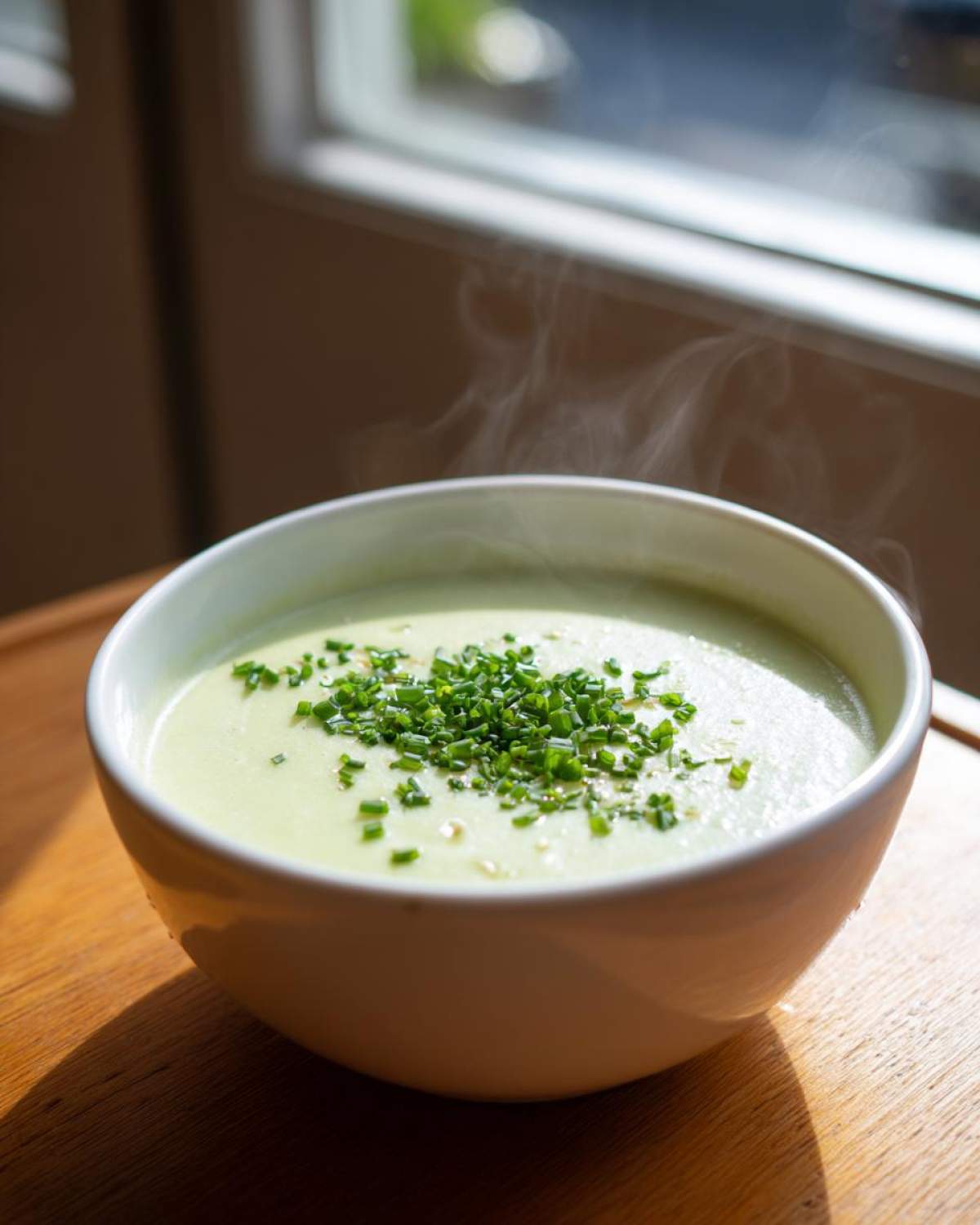 A steaming white bowl of velvety leek soup topped with fresh chopped chives, sitting on a wooden surface near a window.