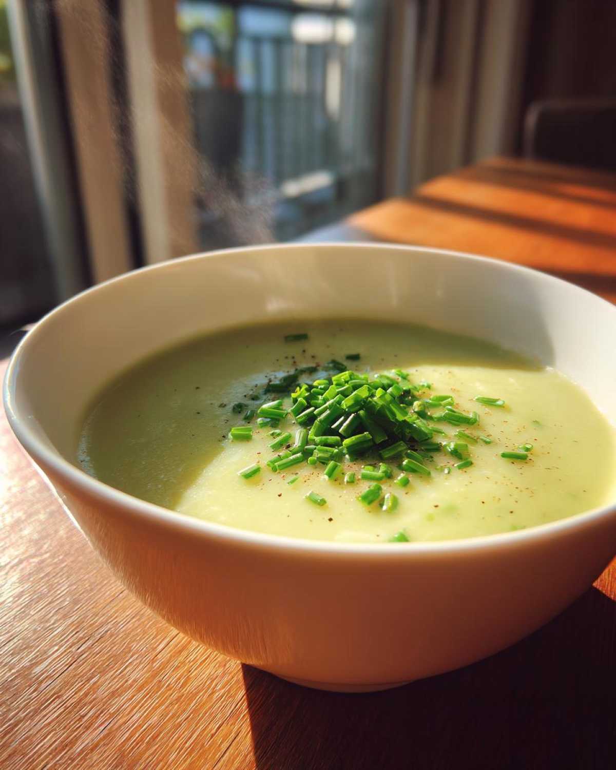 Close-up of a steaming white bowl filled with velvety leek soup, garnished with fresh chives and pepper.