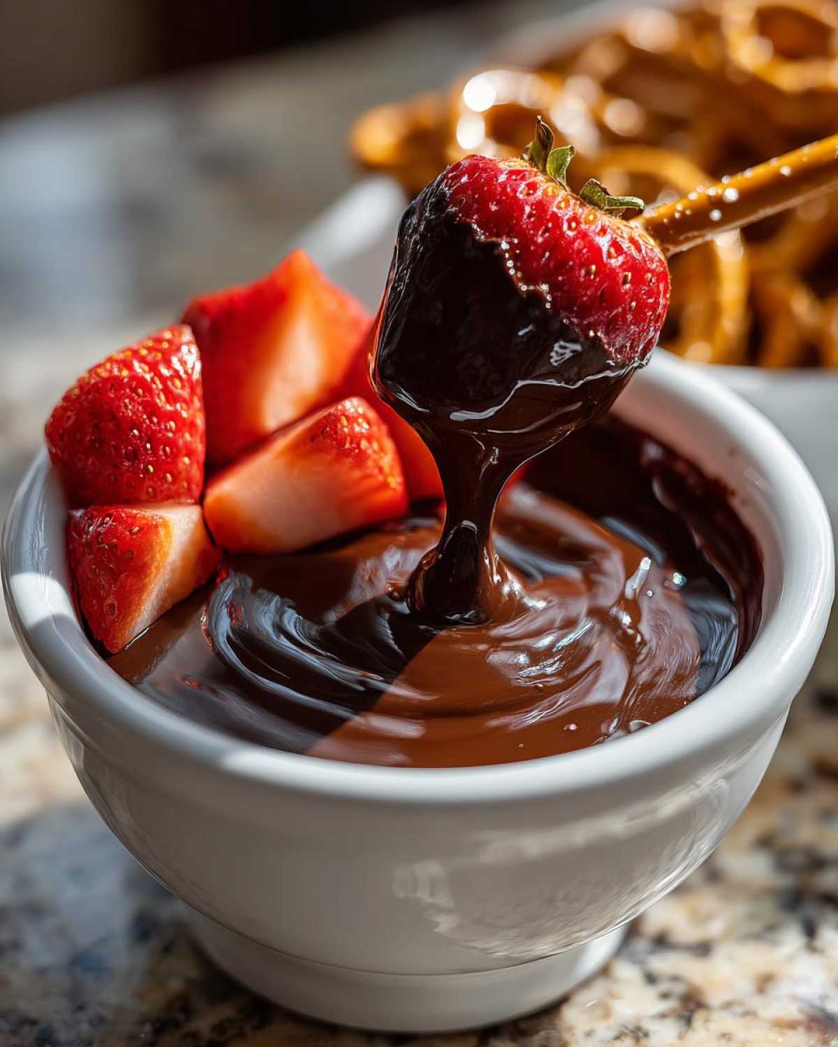 A strawberry being dipped into a white bowl of rich, melted chocolate fondue.
