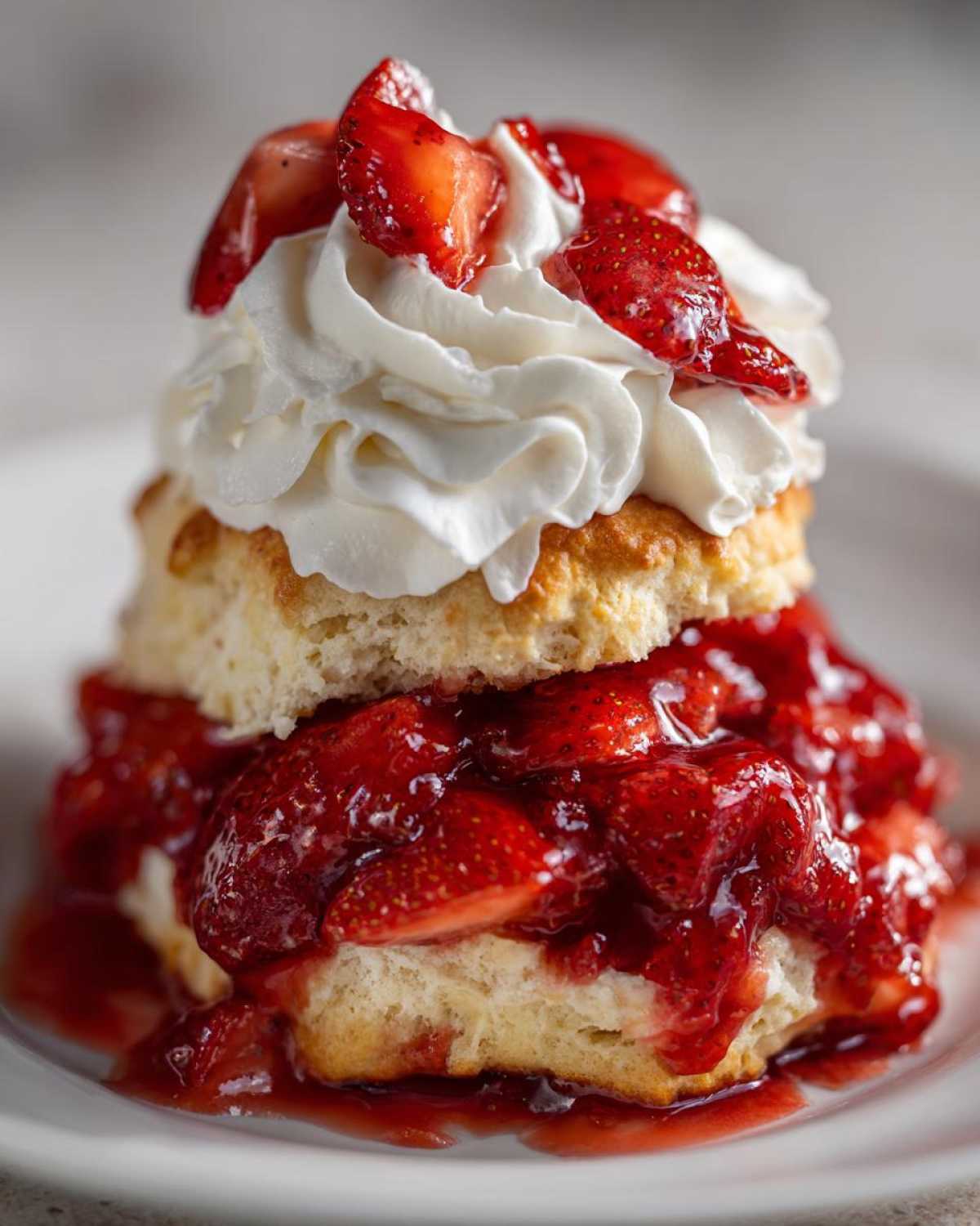 A decadent, layered strawberry shortcake featuring biscuit layers, macerated strawberries, and whipped cream topping.