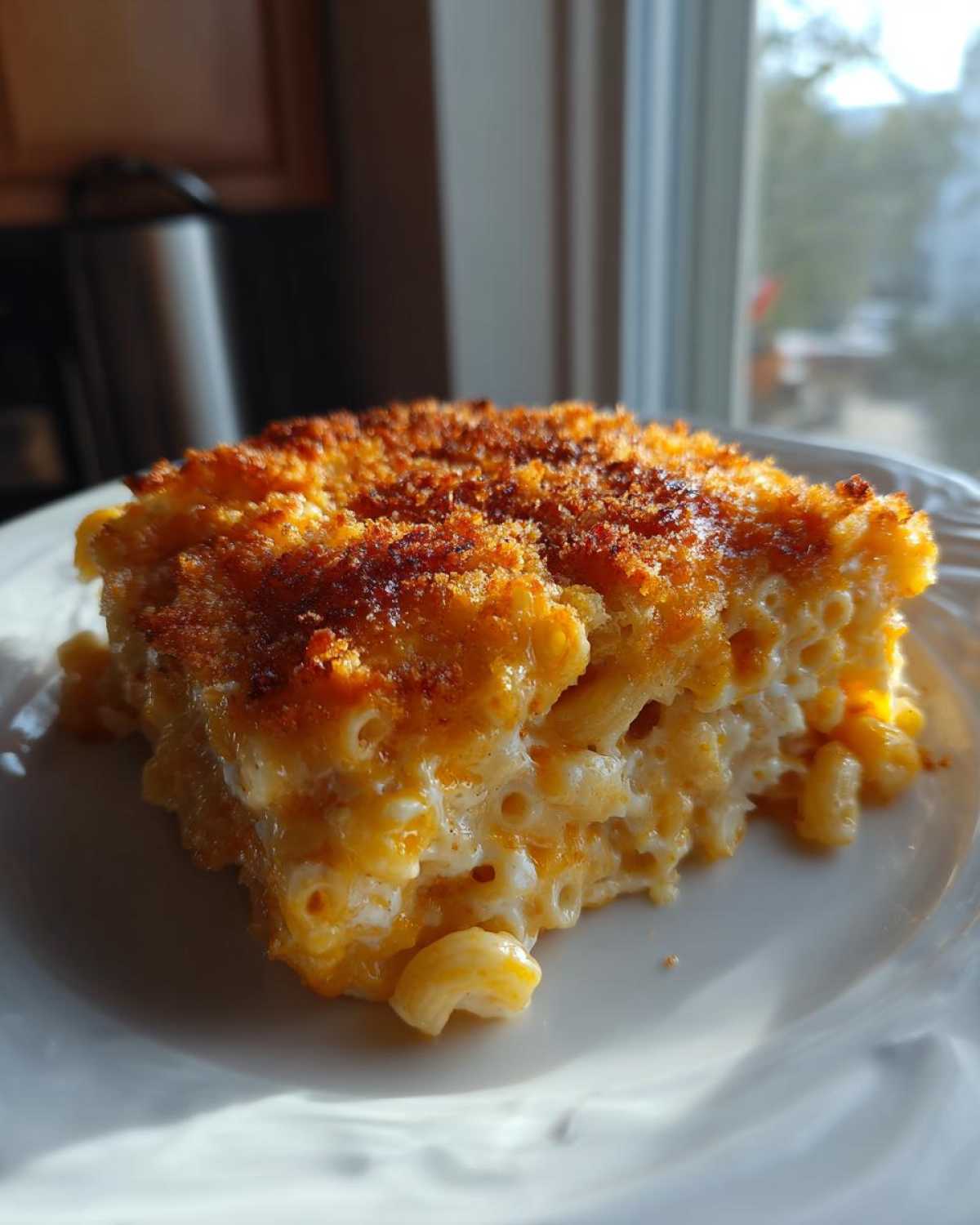 A rich, creamy slice of baked mac and cheese recipe with a golden, crispy breadcrumb topping.