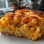 Close-up of a thick slice of baked mac and cheese recipe with a crispy, browned topping.