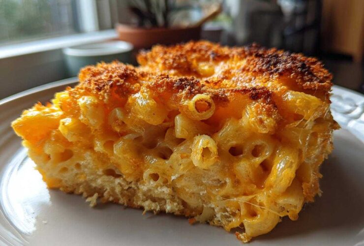 Close-up of a thick slice of baked mac and cheese recipe with a crispy, browned topping.