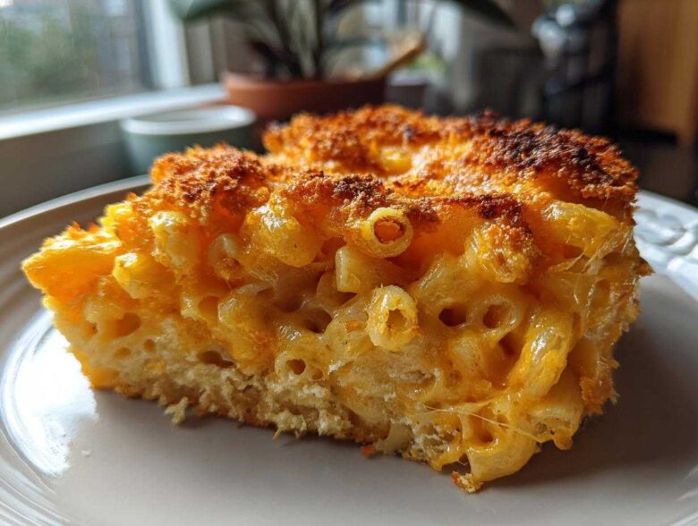Close-up of a thick slice of baked mac and cheese recipe with a crispy, browned topping.