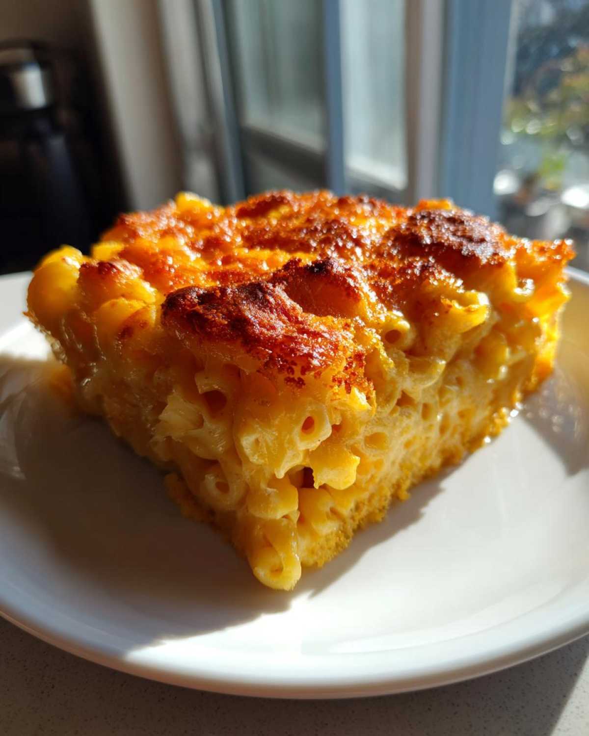 A square slice of creamy, golden baked mac and cheese recipe with a crispy, browned top.