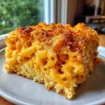 A close-up of a rich, square slice of baked mac and cheese recipe with creamy sauce and a crispy, golden breadcrumb topping.