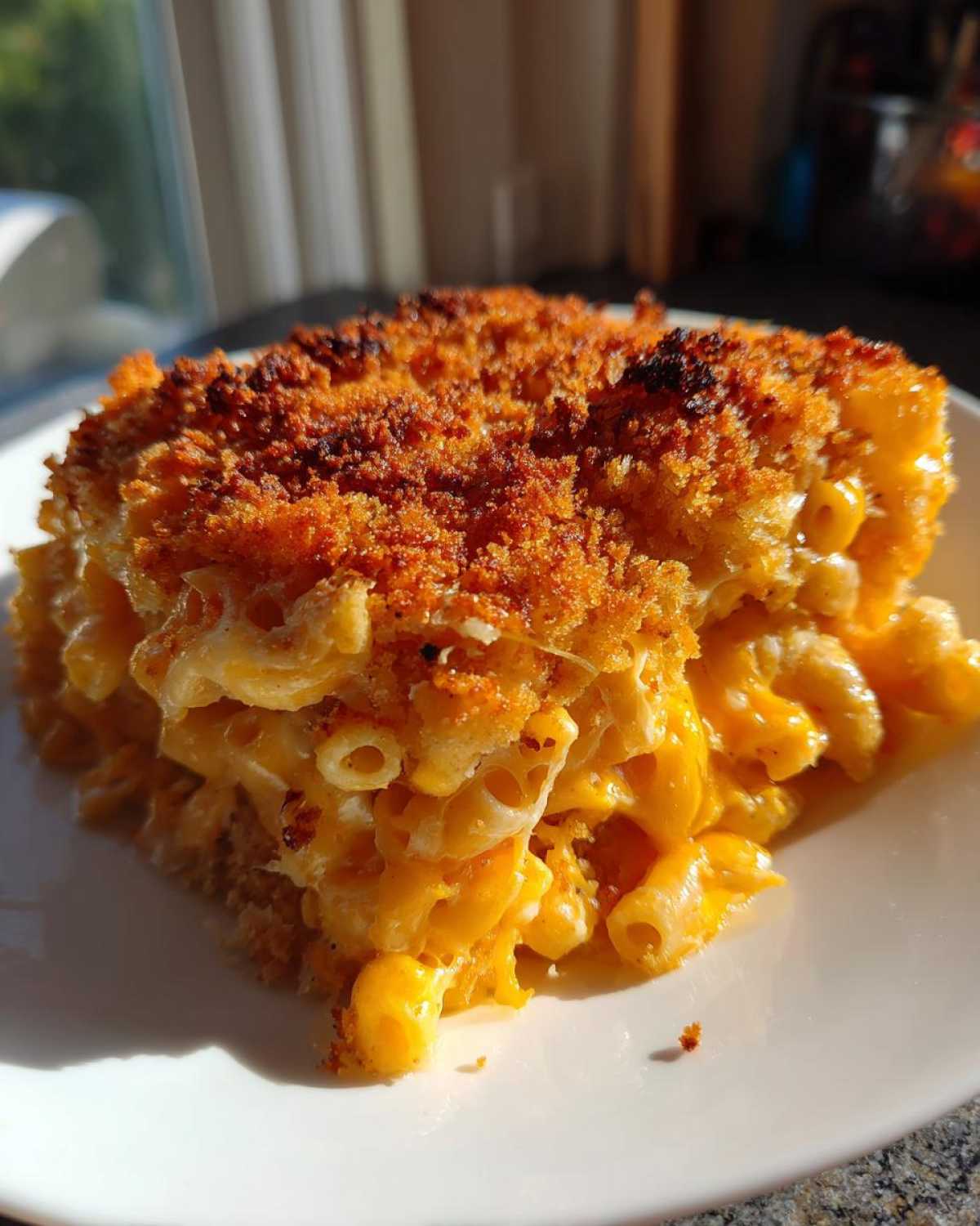 A square serving of creamy baked mac and cheese recipe with a golden brown, crispy breadcrumb topping.