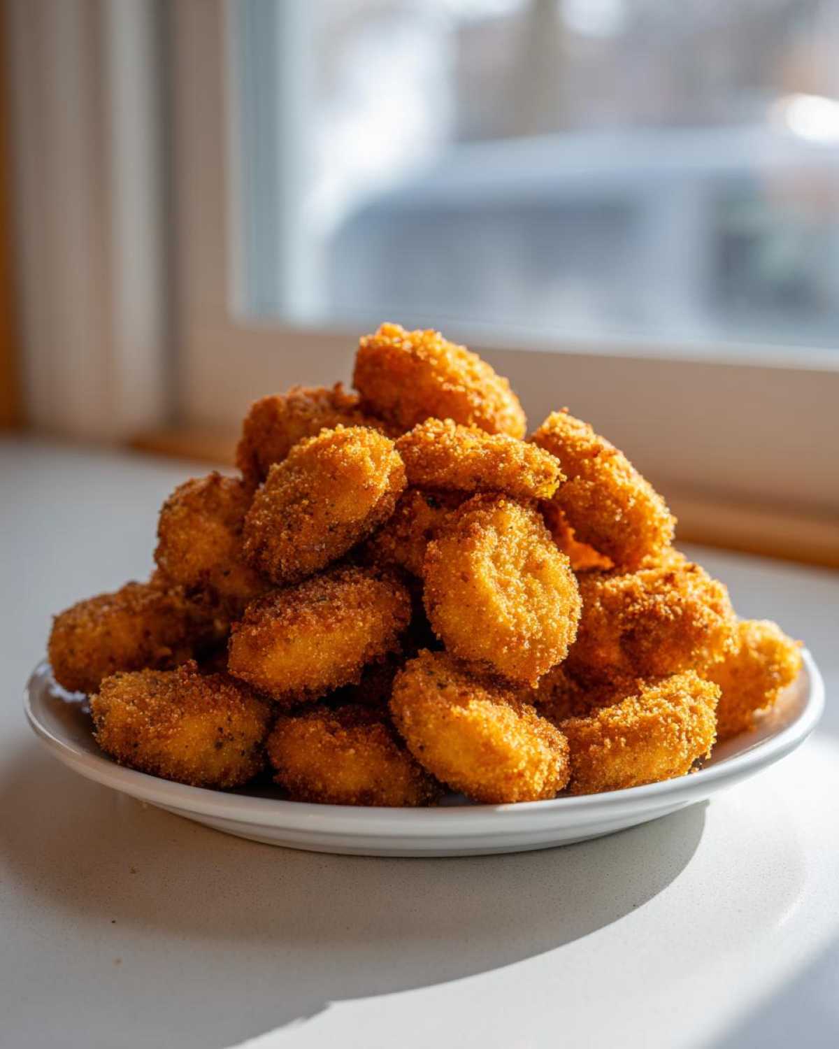 A tall mound of golden brown, perfectly crispy fried okra piled high on a white plate.