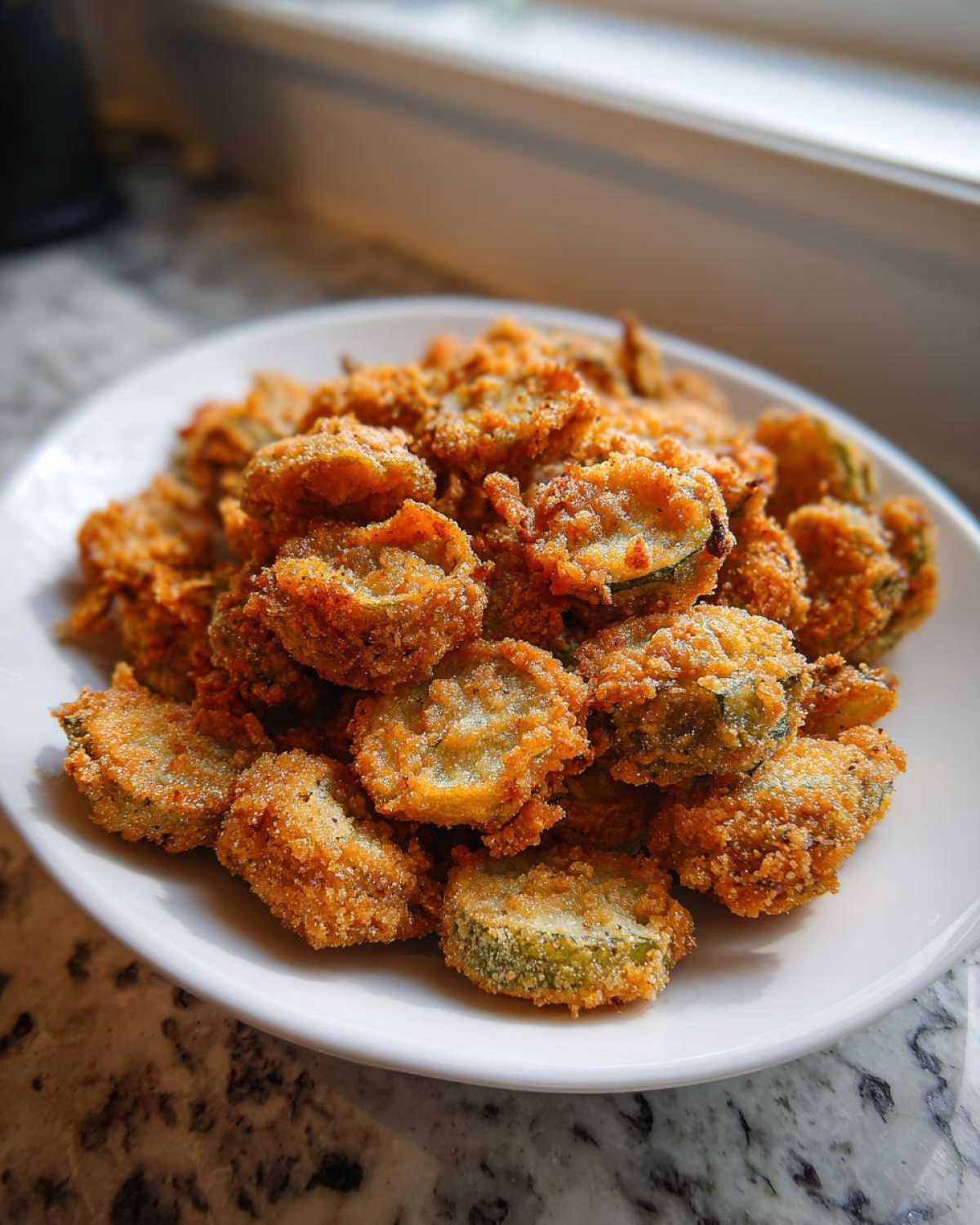 A white plate piled high with golden brown, crunchy fried okra slices, showcasing supreme crunch.
