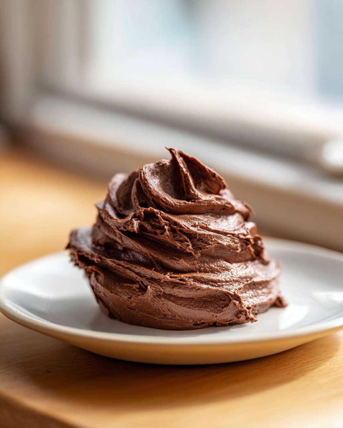 A perfect swirl of rich, dark chocolate frosting piped onto a small white plate, showcasing its creamy texture.