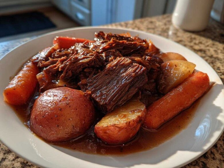 A plate of tender pot roast beef shredded and chunked, served with whole carrots and red potatoes in rich brown gravy.