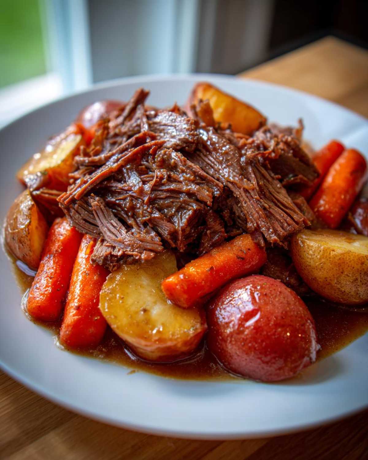 Close-up of tender shredded pot roast served with carrots and potatoes in rich gravy.