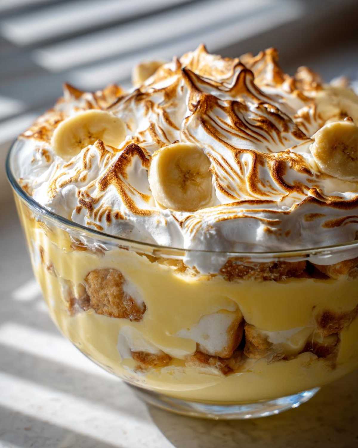 A close-up of homemade banana pudding in a glass bowl, featuring layers of vanilla custard, vanilla wafers, and topped with toasted meringue and banana slices.