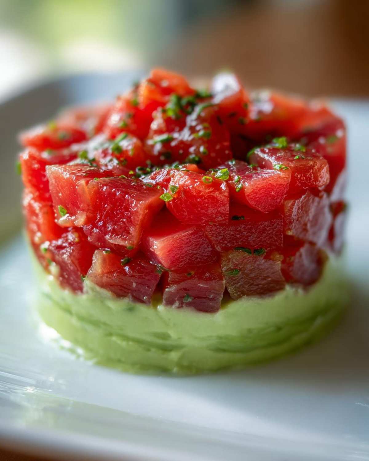 Close-up of a vibrant tuna tartare tower layered over creamy avocado puree, garnished with fresh herbs.