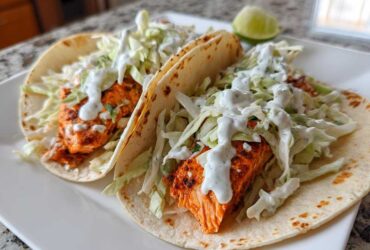 Two soft tortilla salmon tacos filled with seasoned salmon, shredded cabbage, and drizzled with a white creamy sauce.