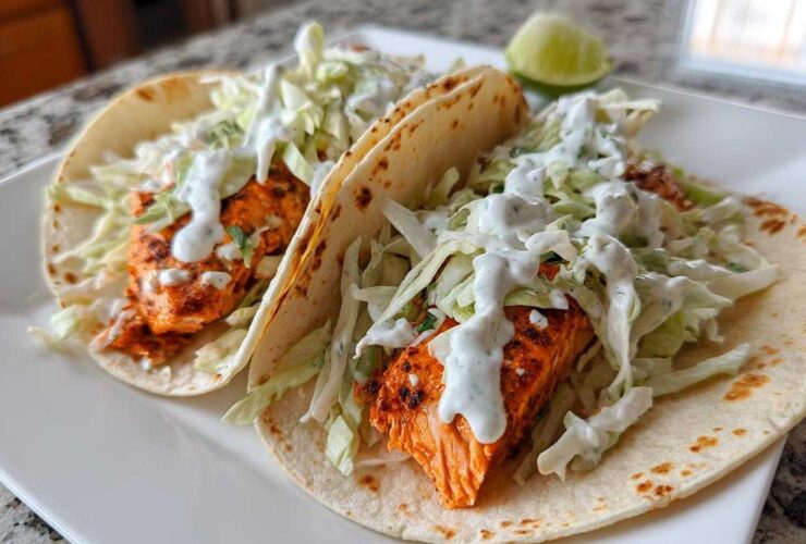 Two soft tortilla salmon tacos filled with seasoned salmon, shredded cabbage, and drizzled with a white creamy sauce.