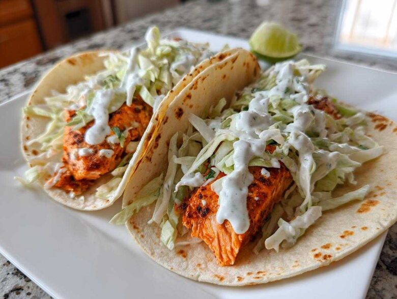 Two soft tortilla salmon tacos filled with seasoned salmon, shredded cabbage, and drizzled with a white creamy sauce.