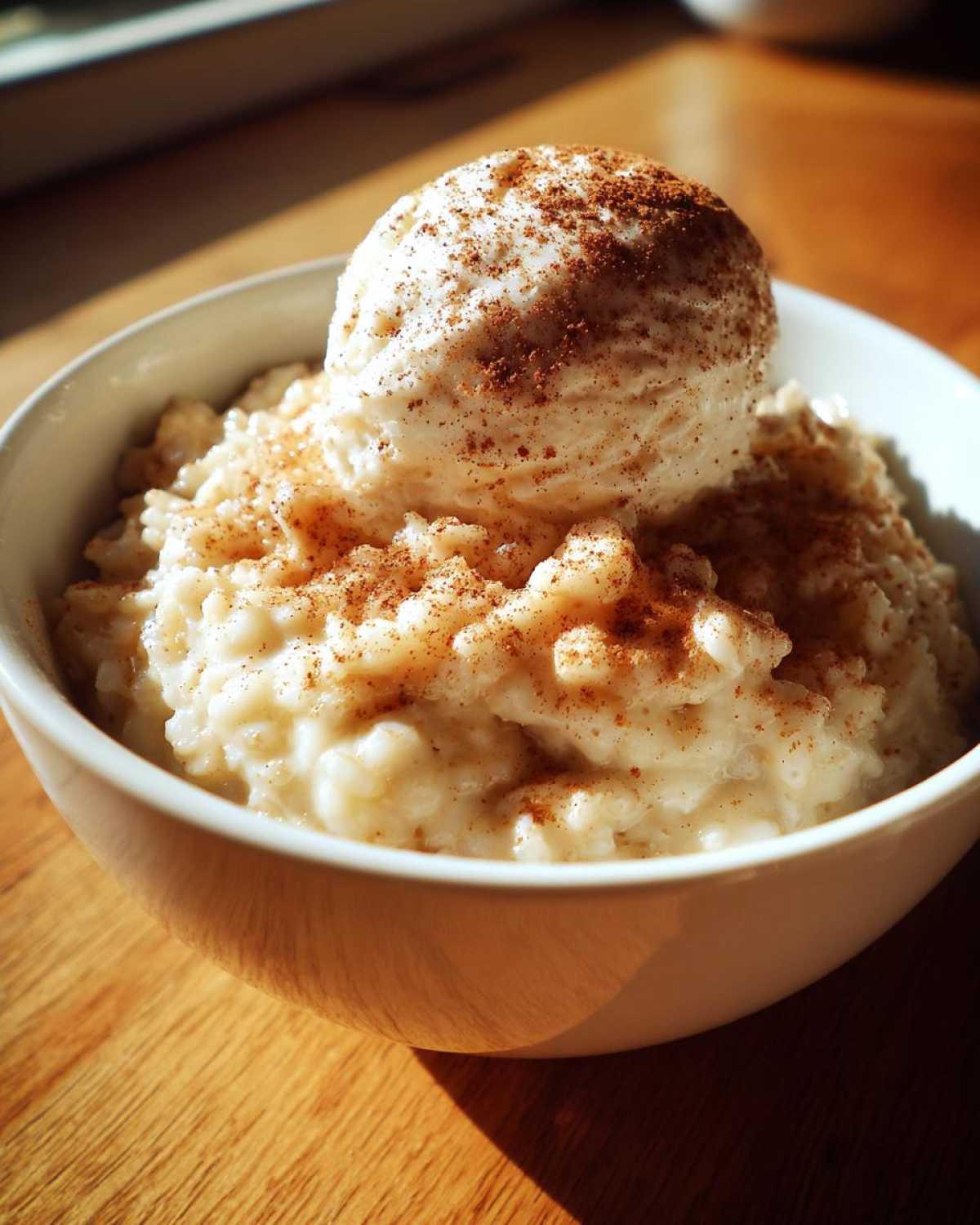 Creamy rice pudding topped with a scoop of vanilla ice cream and dusted with cinnamon.