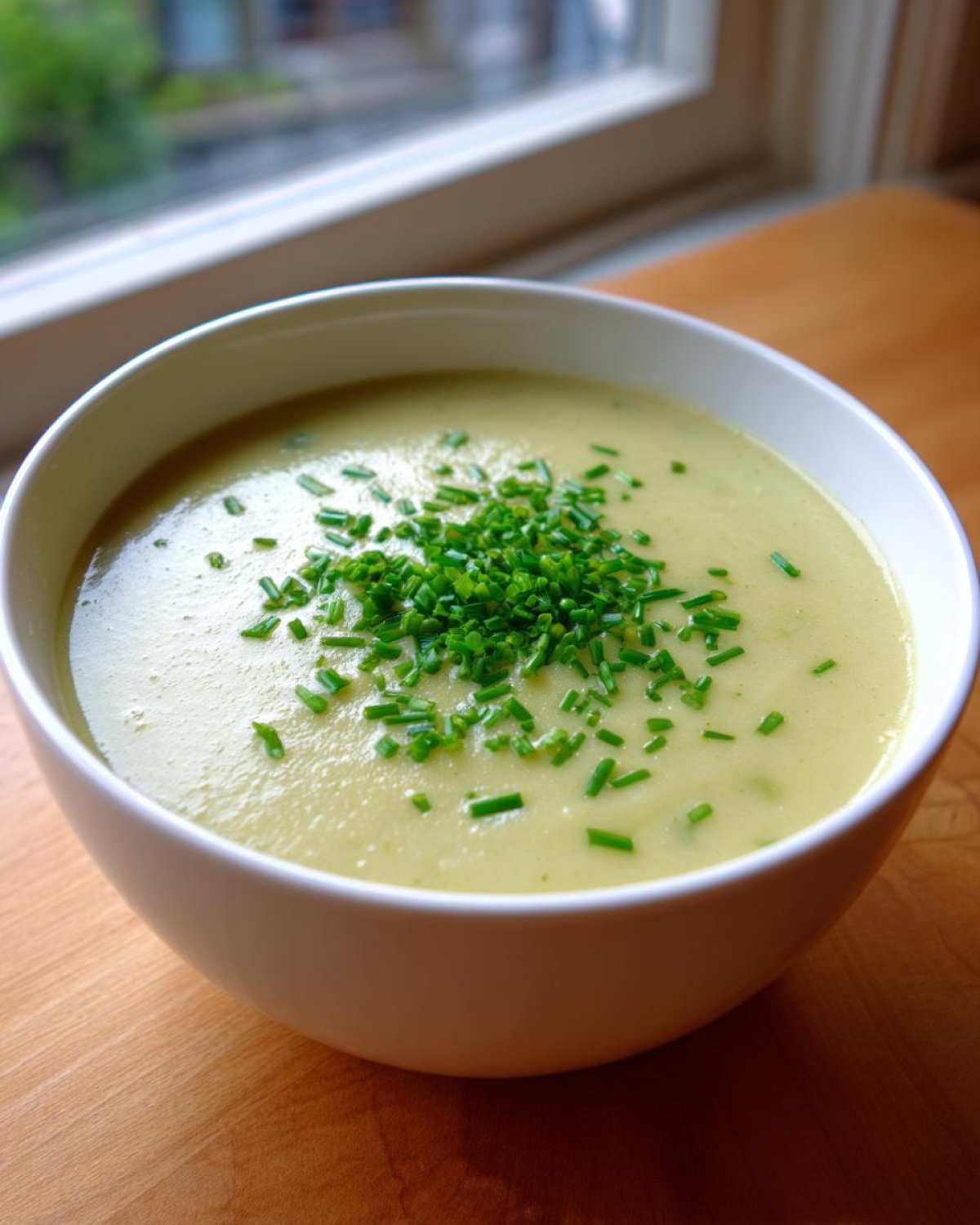 A close-up of a white bowl filled with smooth, velvety leek soup, garnished generously with fresh chopped chives.