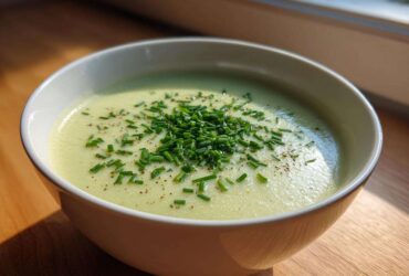A close-up of a creamy, pale green bowl of leek soup topped generously with fresh chopped chives and black pepper.