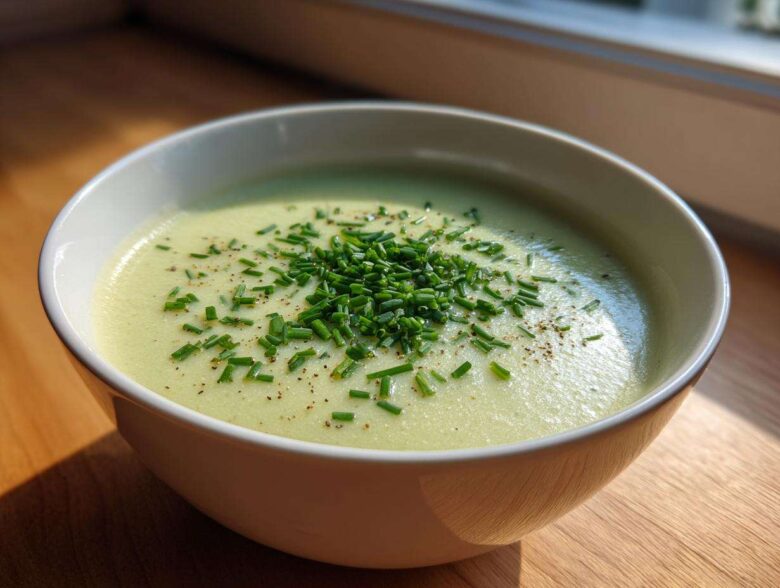 A close-up of a creamy, pale green bowl of leek soup topped generously with fresh chopped chives and black pepper.