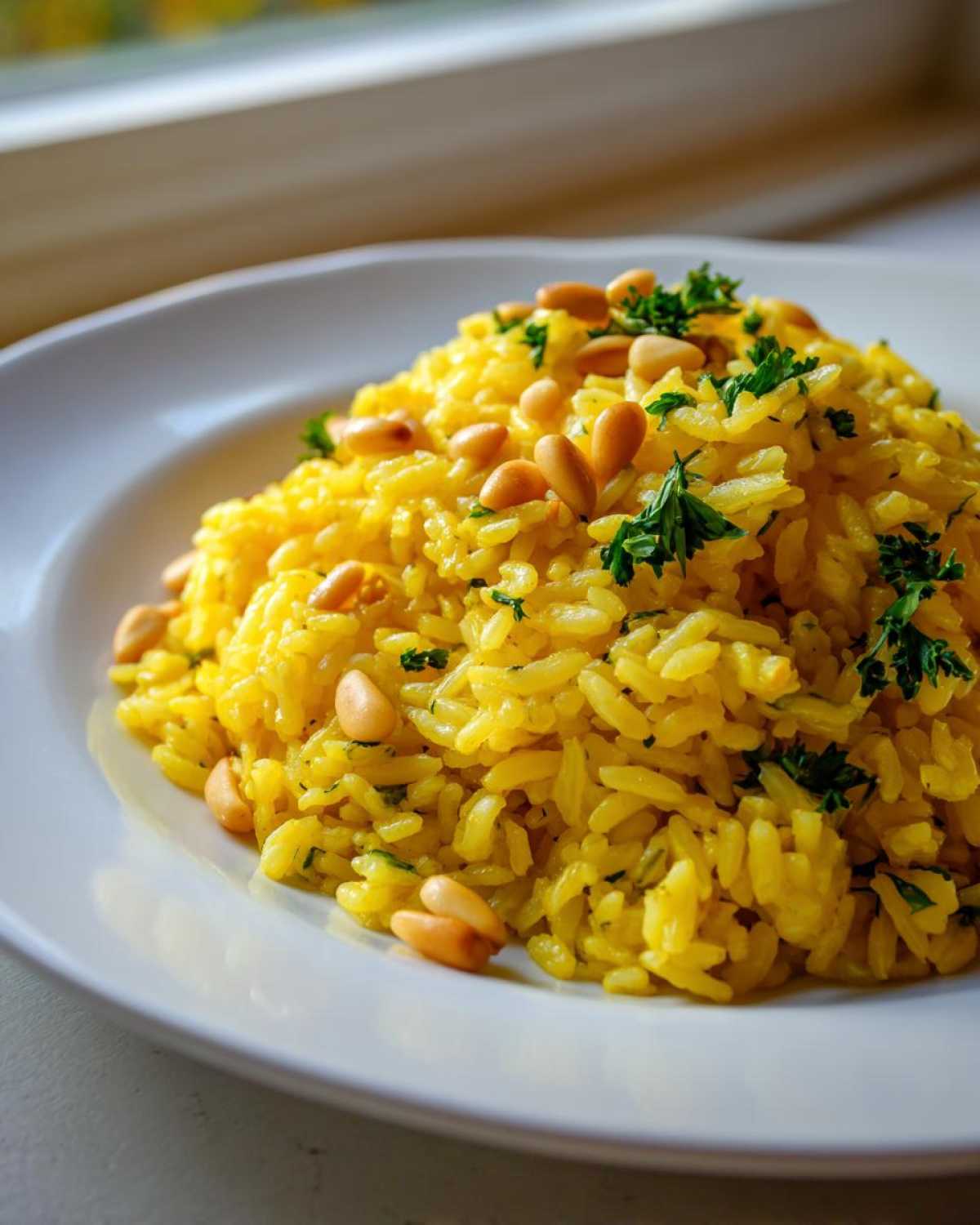 A mound of vibrant yellow mediterranean rice topped with toasted pine nuts and fresh parsley on a white plate.