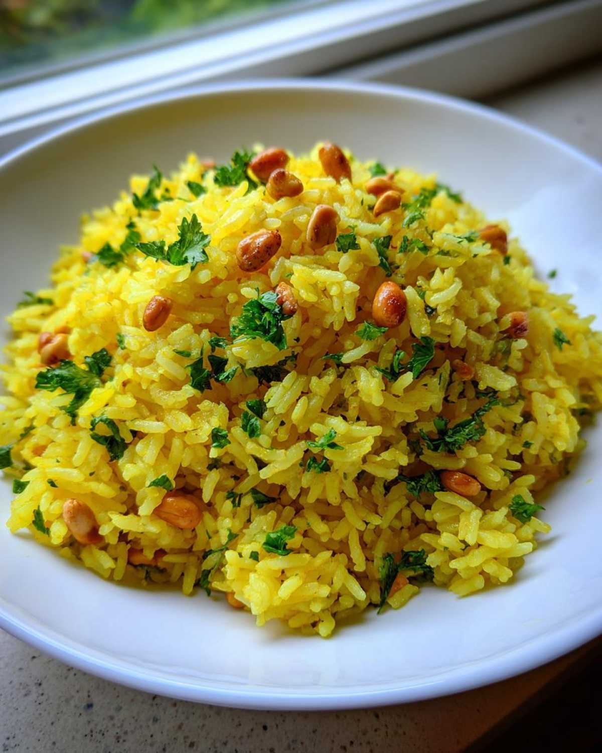 A vibrant bowl of yellow mediterranean rice garnished with toasted nuts and fresh chopped parsley.