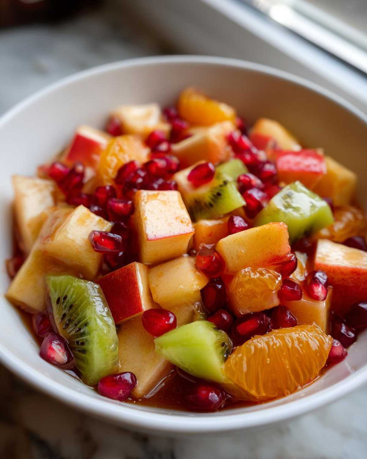 Close-up of a vibrant winter fruit salad featuring diced apples, kiwi, orange segments, and bright red pomegranate seeds.