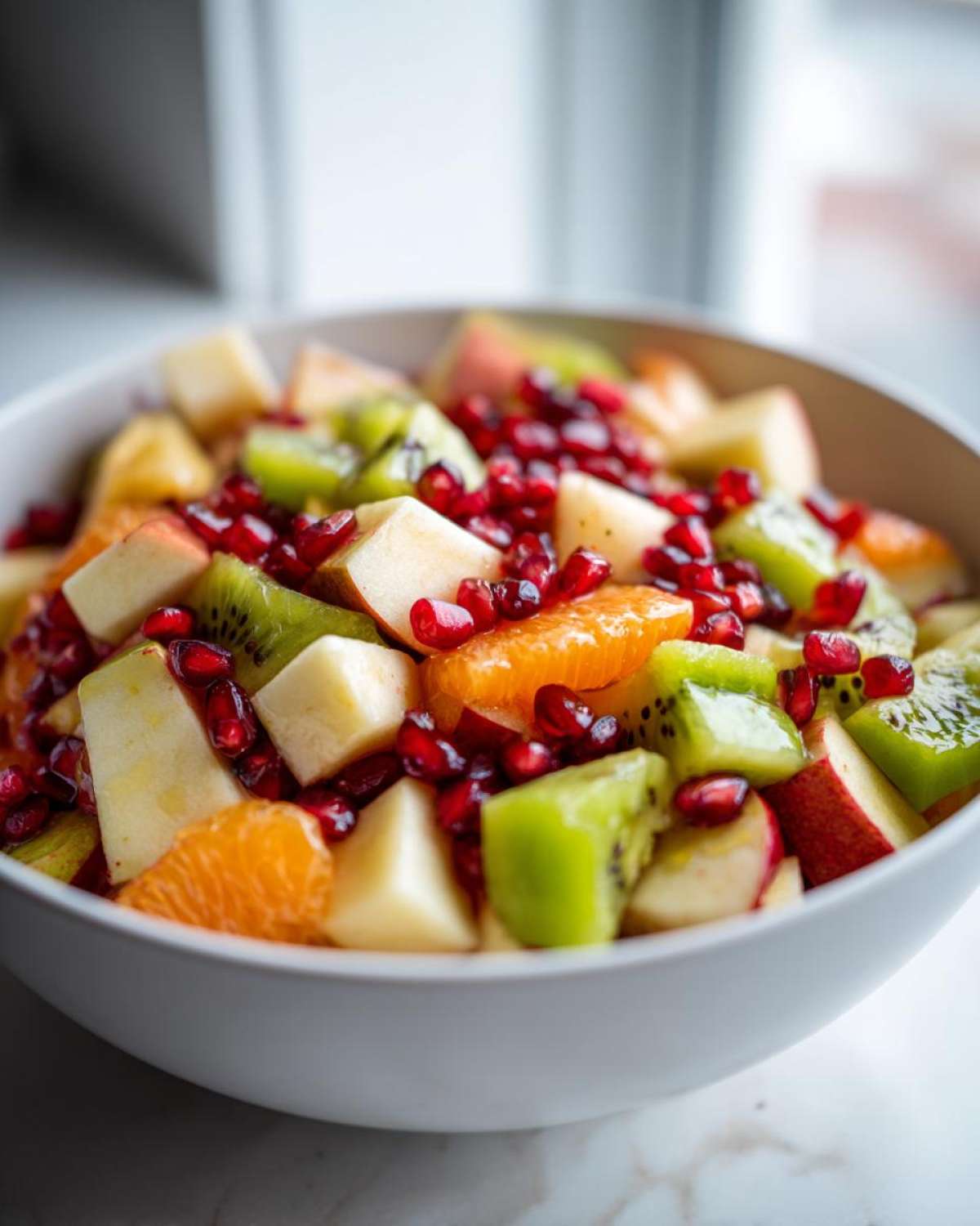 Close-up of a white bowl filled with a vibrant winter fruit salad featuring kiwi, apple, orange segments, and pomegranate seeds.