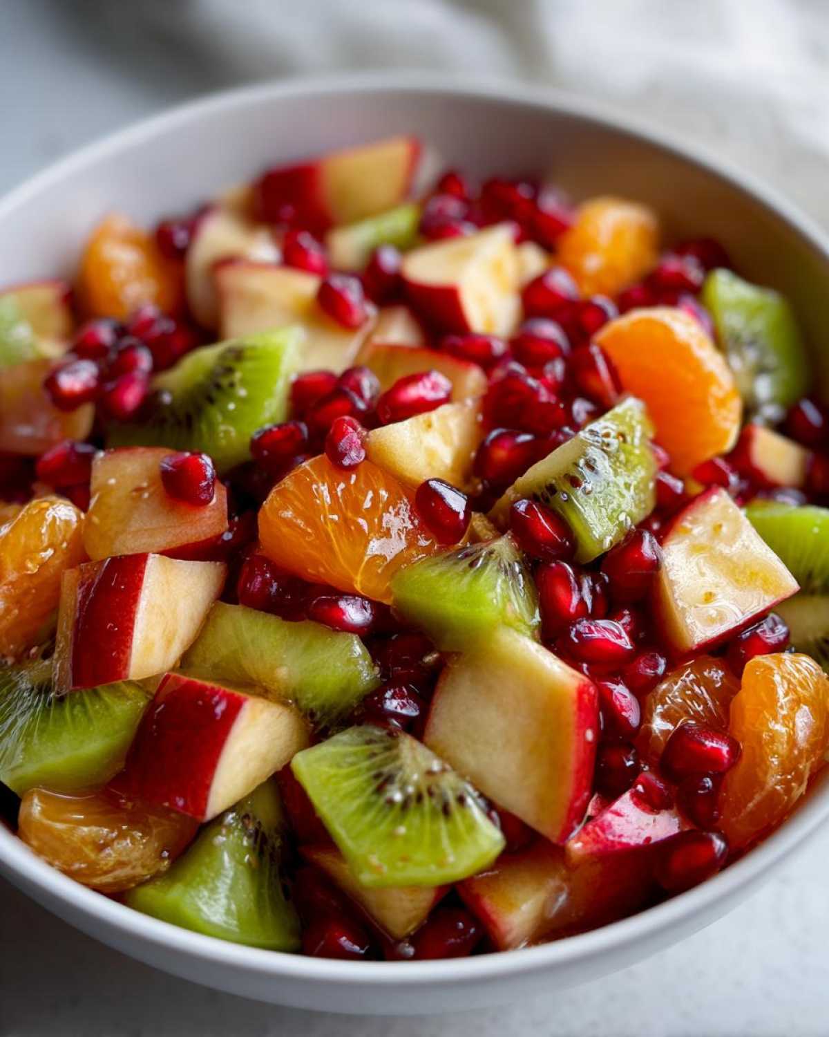 Close-up of a vibrant winter fruit salad featuring kiwi, apple, mandarin segments, and pomegranate seeds.