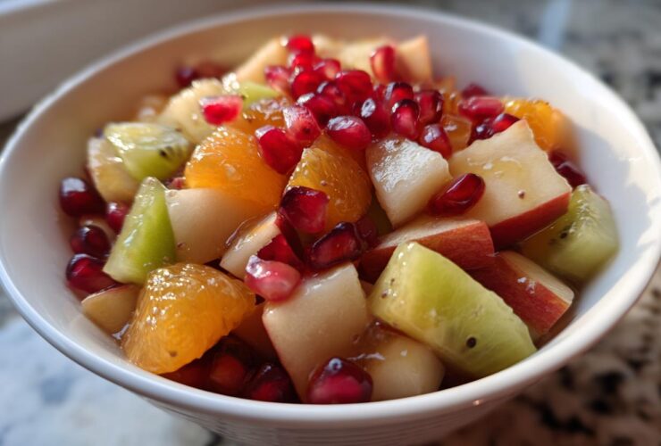 Close-up of a vibrant winter fruit salad featuring kiwi, orange segments, apple chunks, and bright pomegranate seeds.